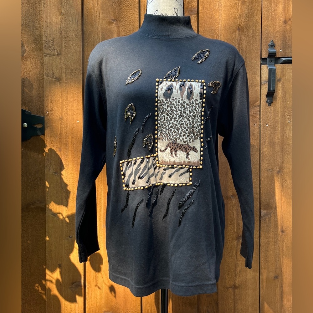 Vintage 90’s Lisa Intl Black Beaded Leopard Long Sleeve Shirt Black Size M EUC